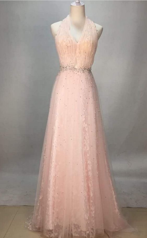 Sexy Pink Halte Neck Sleeveless Beaded Chiffon Long Prom Dress cg11927