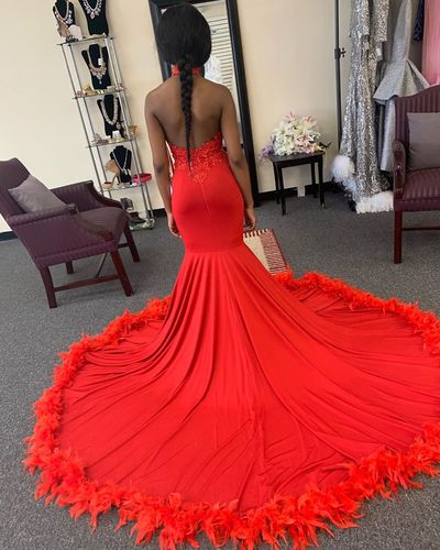high neck mermaid red long prom dress with train cg11942