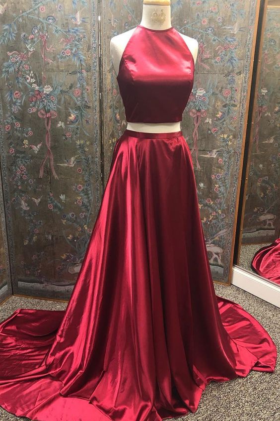 Simple Two Piece Wine Red Long Party Dress Prom Dress cg11946