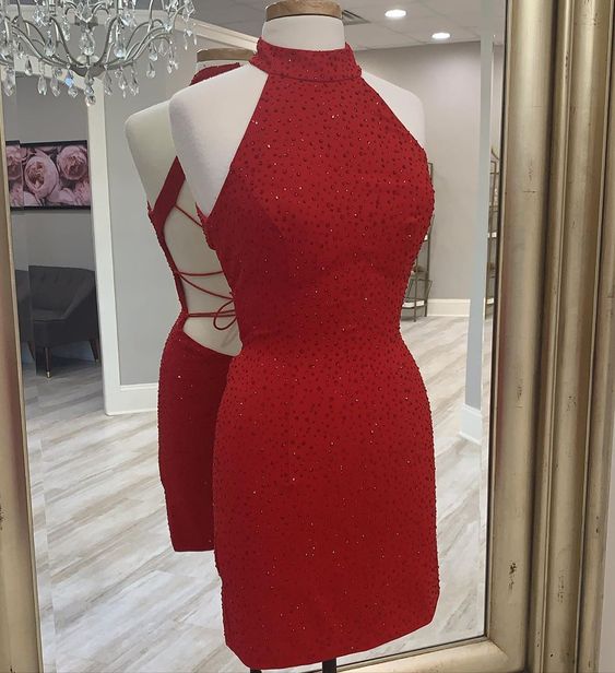 High Collar Rhinestone Red Homecoming Dress cg11949