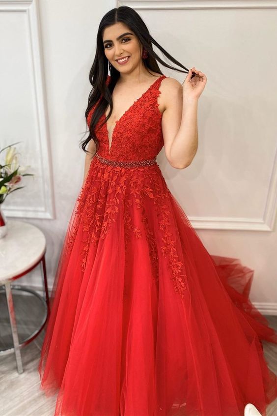 v neck red long prom dress with lace appliques and beaded sash cg11950