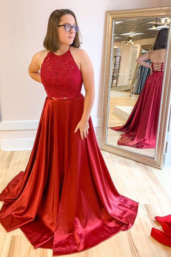 Red Halter Two Piece Red Long Prom Dress cg11951