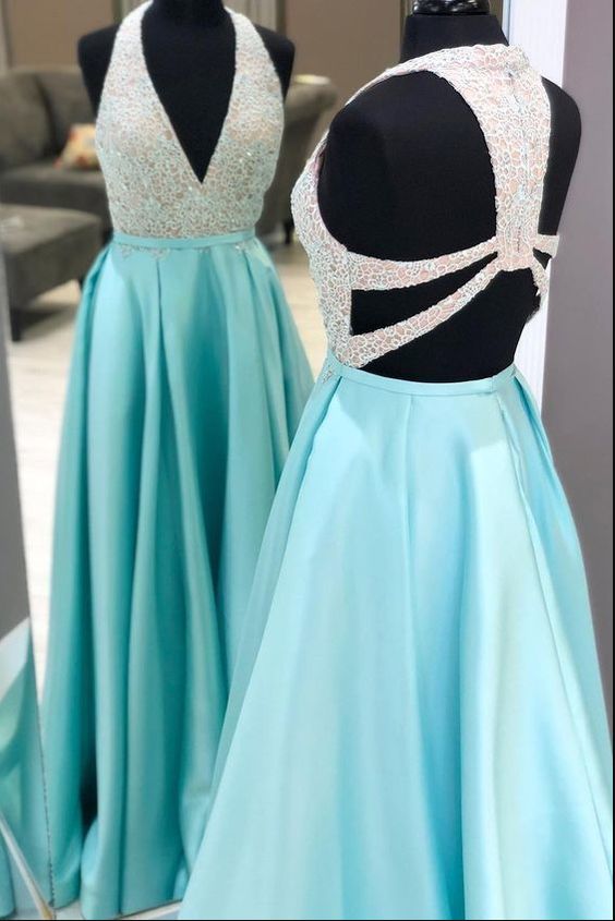 Gorgeous Elegant Custom Made Plunging Neck Long Beading Ice Blue Prom Dress cg11960