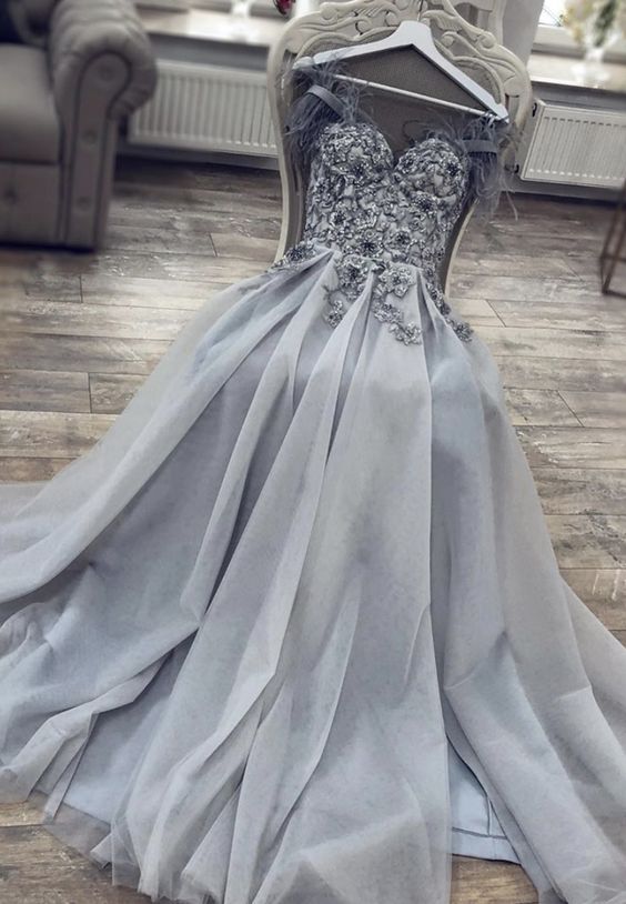 Gray tulle lace long prom dress evening dress cg11963