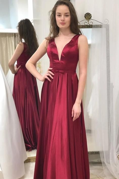 Simple A Line V Neck Burgundy Long Prom Dress cg11964