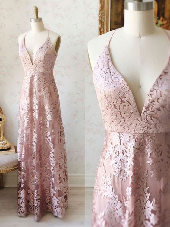 A Line V Neck Pink Lace Long Prom Dresses, Pink Lace Formal Dresses, Pink Evening Dresses cg11970