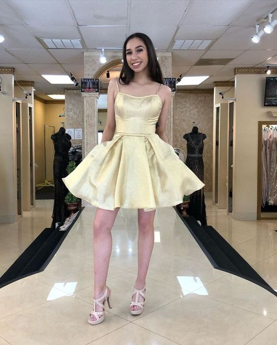 Gold Short A-line Homecoming Dress with Spaghetti Straps cg11973