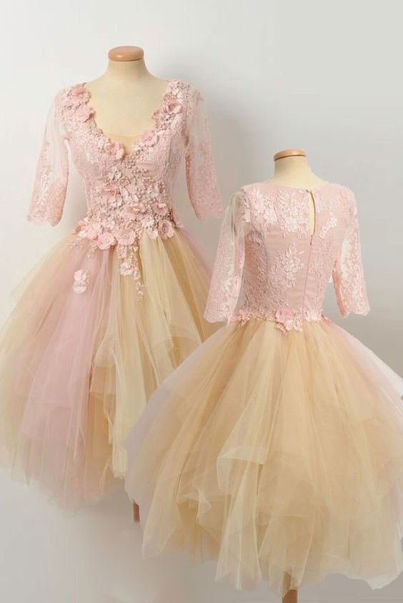 CHAMPAGNE LACE TULLE DRESS, CUTE HOMECOMING DRESS cg11975