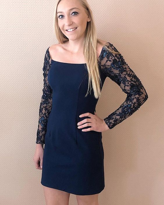 Tight Square Navy Blue Satin Homecoming Dress with Lace Long Sleeves cg11979