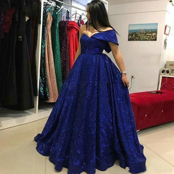 Luxury Dark Royal Blue Evening Gowns Off Shoulder Bling Bling Ball Gown Evening prom Dresses cg11991