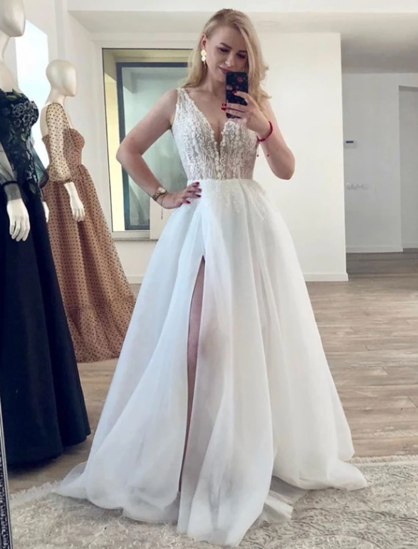 WHITE V NECK TULLE LACE LONG PROM DRESS, WHITE EVENING DRESS cg12006