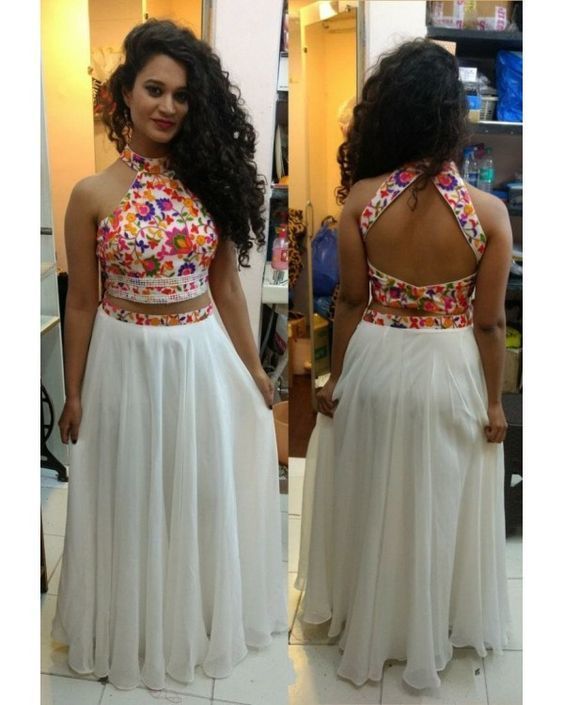 Two Piece High Neck Embroidery White Long Prom Dress cg12009