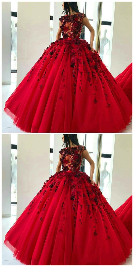 Ball Gown Jewel Sweep Train Red Tulle Prom Dress With Appliques Flowers cg12015