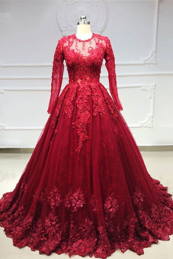 Burgundy Tulle Lace Long Sleeve Princess Ball Gown, Formal Prom Dress cg12019