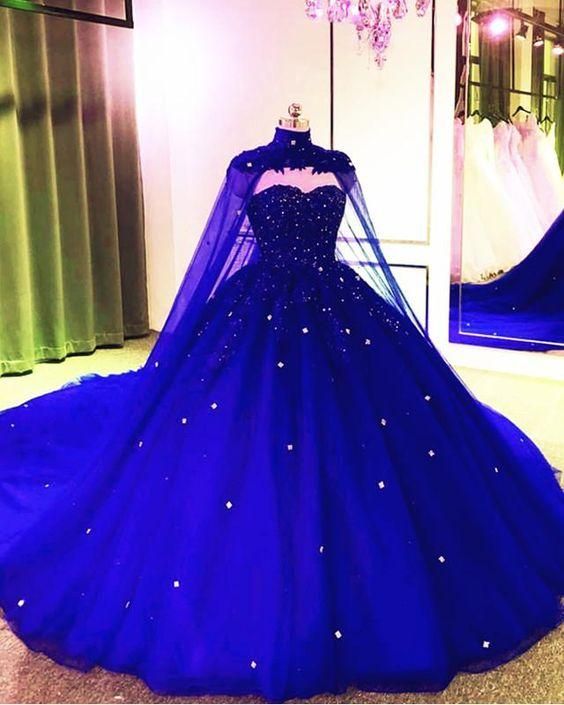 Royal Blue Tulle Ball Gown Prom Dress With Cape cg12020