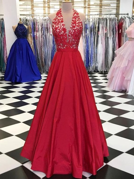 Red Prom Dress A-line Halter Applique Long Prom Dresses cg12025
