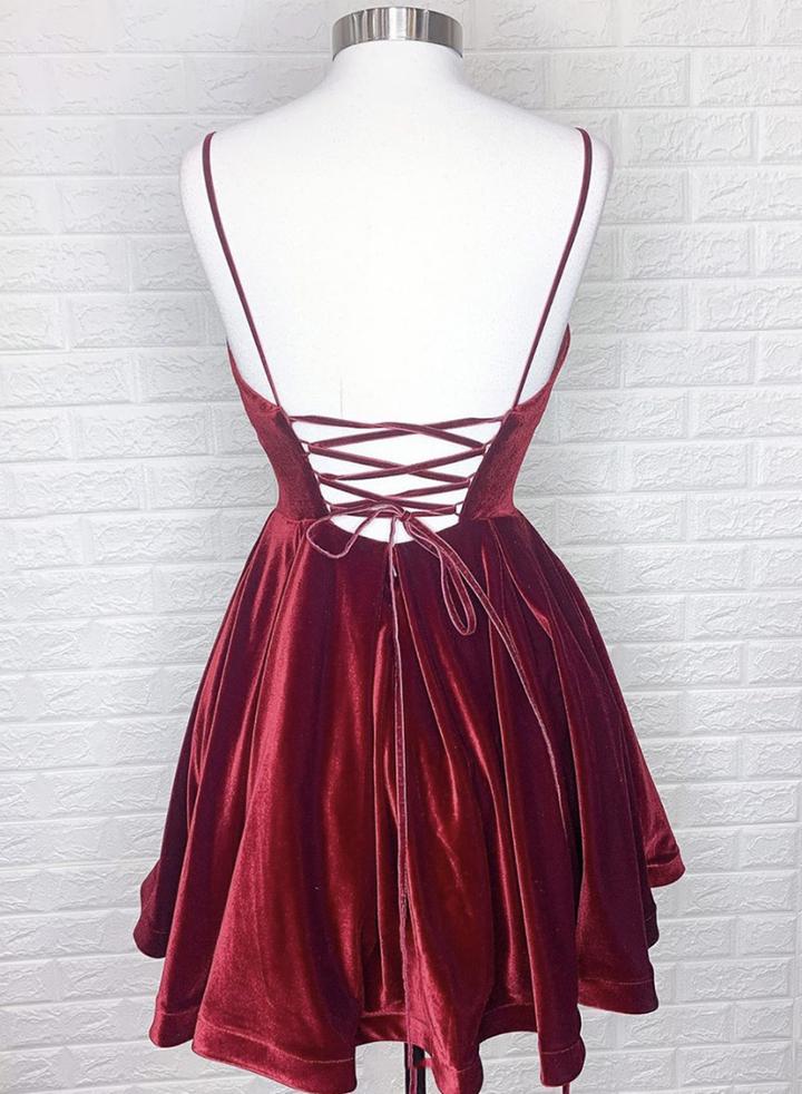 Burgundy velvet short homecoming dress party dress cg12063
