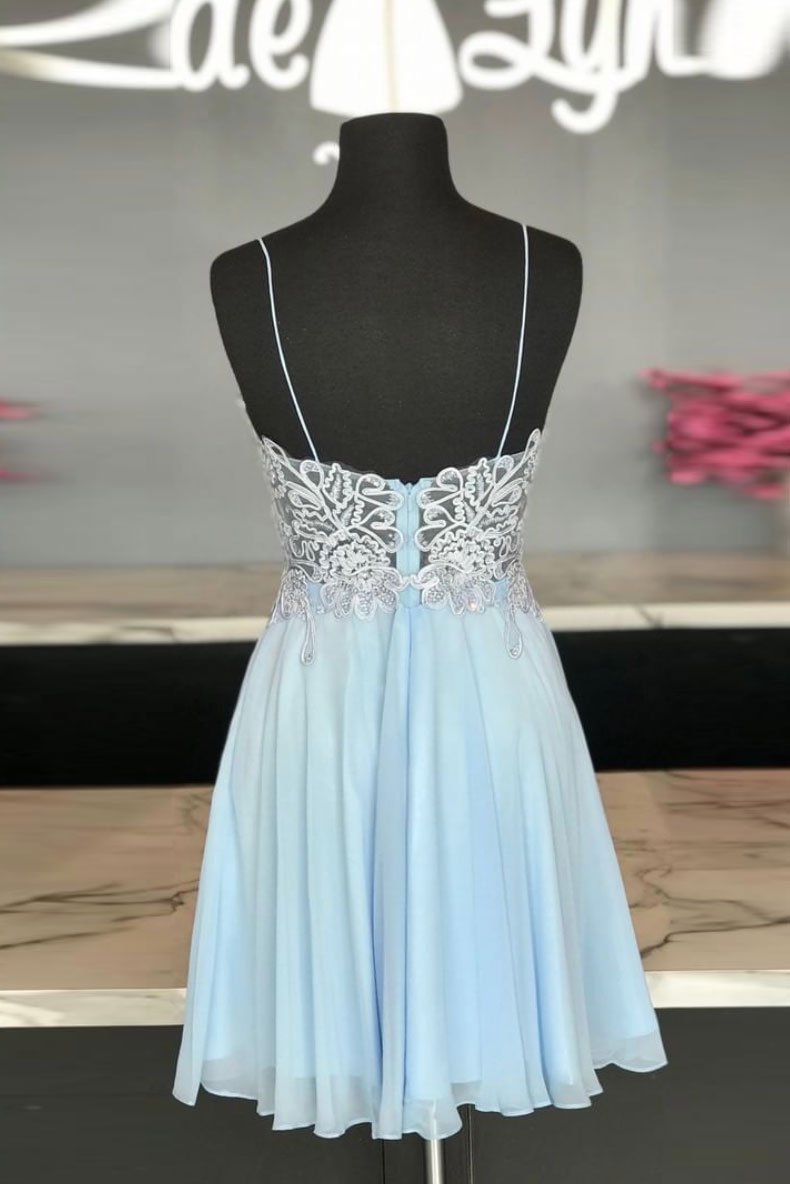 blue sweetheart chiffon lace short dress blue homecoming dress cg12071