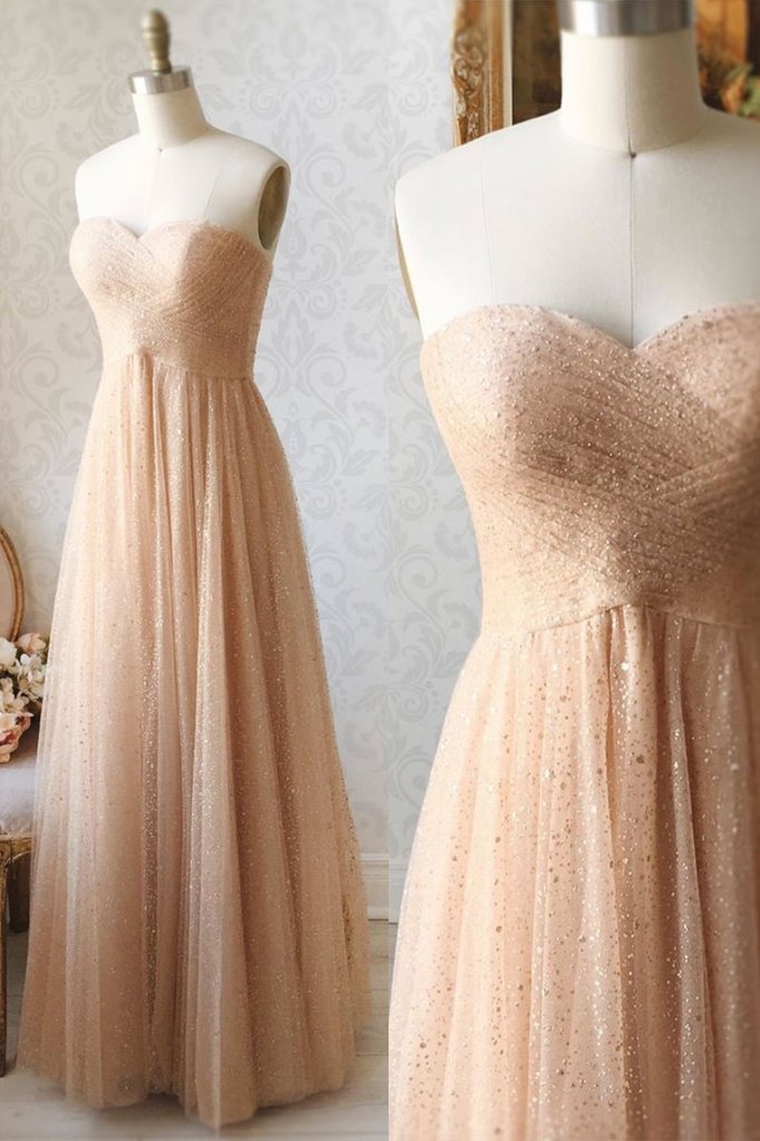 CHAMPAGNE SWEETHEART TULLE SEQUIN BEADS LONG PROM DRESS cg12074