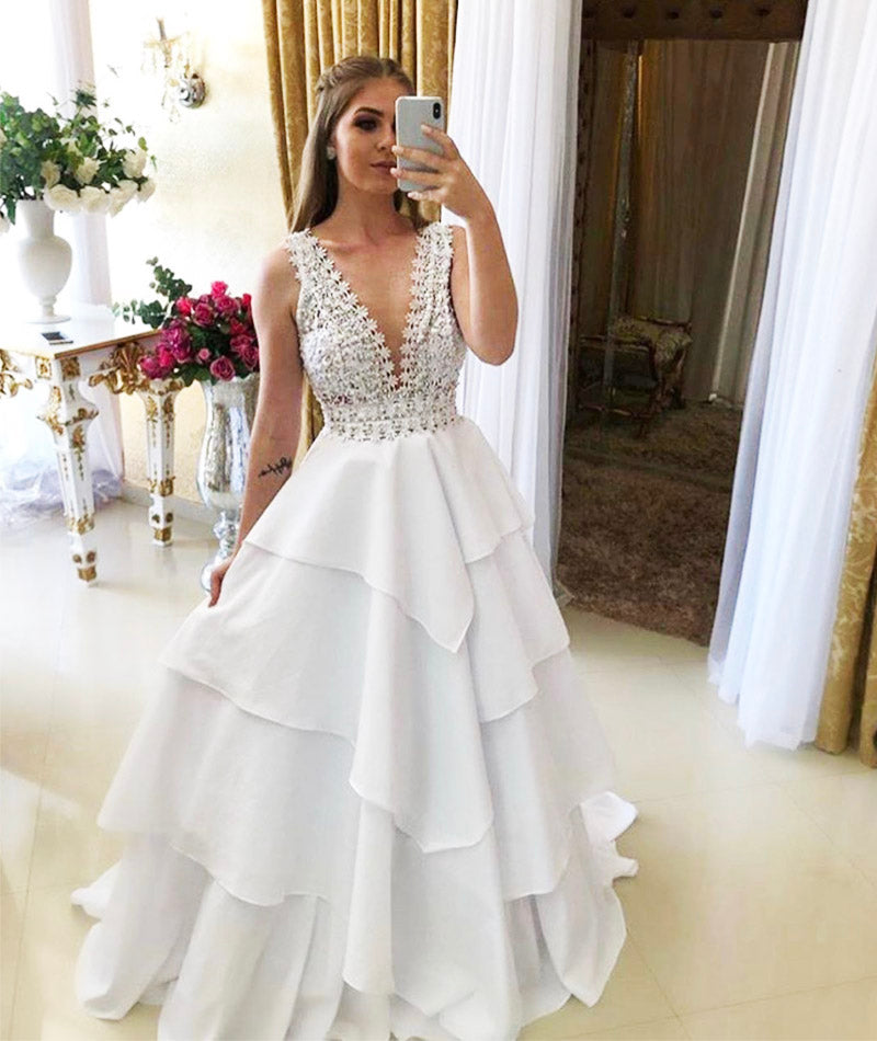 WHITE V NECK LONG PROM GOWN DRESS FORMAL DRESS cg12075