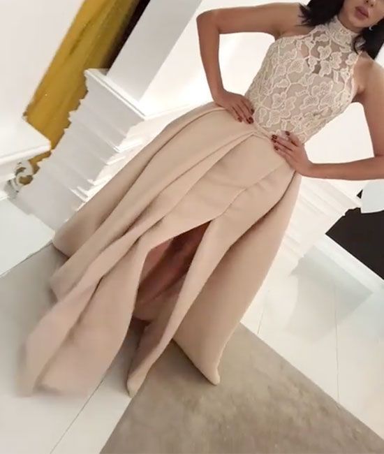 Champagne Lace Long Prom Dress, Champagne Lace Evening Dress For Teens cg12083