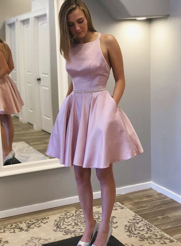Pink satin short dress homecoming dress cg12086