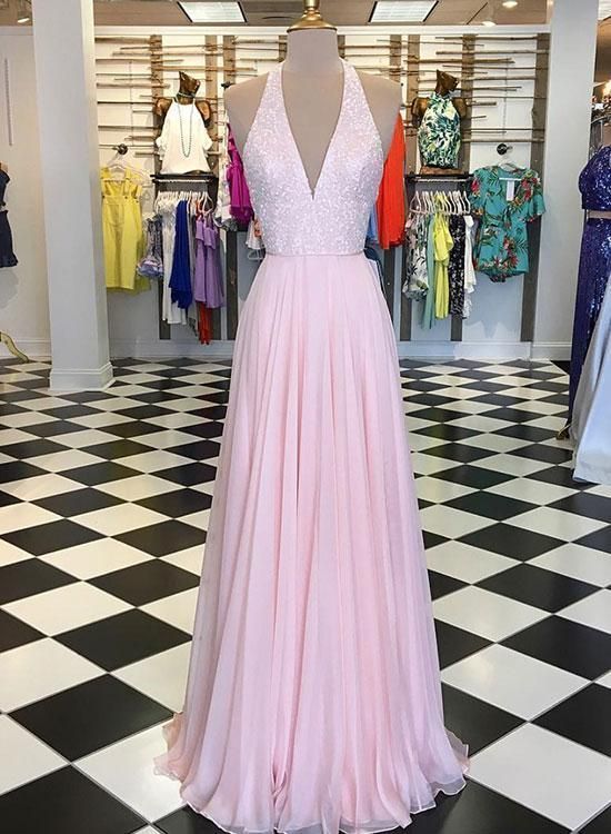 Pink v neck sequins chiffon long prom dress, pink evening dress cg12100