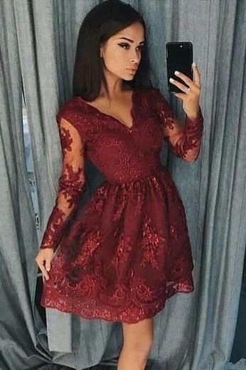 Burgundy Homecoming Dresses Long Sleeve Lace Dress cg12110