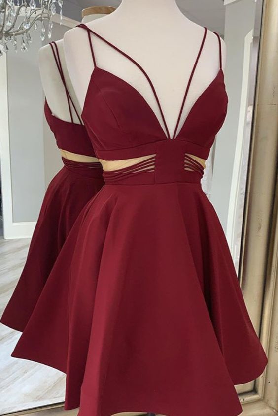 Wine Spaghetti Straps Homecoming Dress cg12112