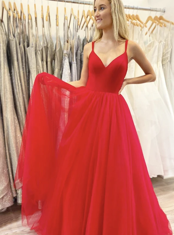 Red v neck tulle long prom dress simple evening dress cg12114