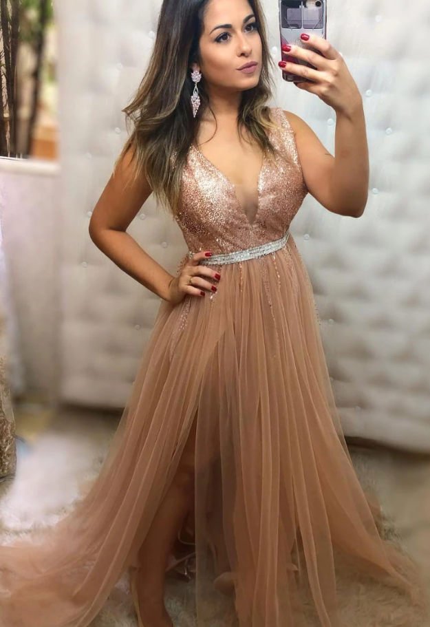 Champagne v neck tulle sequin long prom dress champagne evening dress cg12115