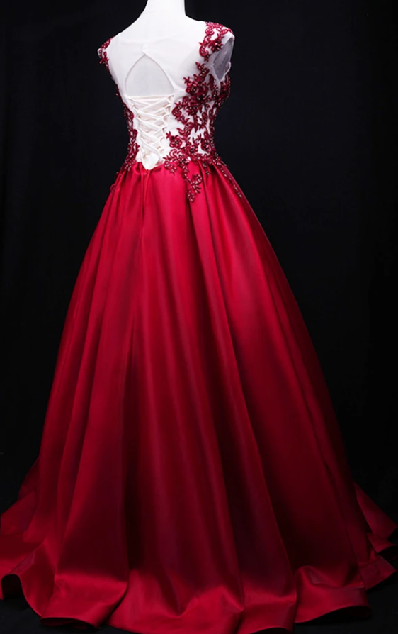 Gorgeous Dark Red Satin Long Cap Sleeves Formal Dress, Prom Dress 2020 cg12149
