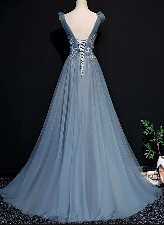 Beautiful Blue Tulle Long Party Dress, A-Line Prom Dress With Lace Applique cg12150