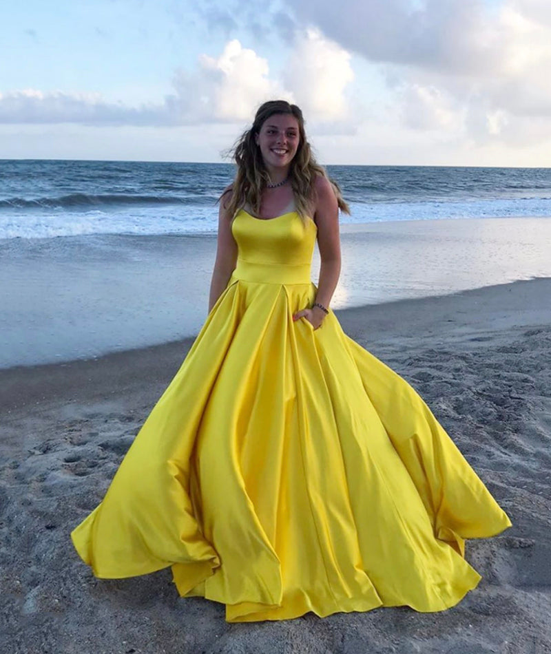 YELLOW SATIN LONG PROM DRESS YELLOW EVENING DRES cg12154