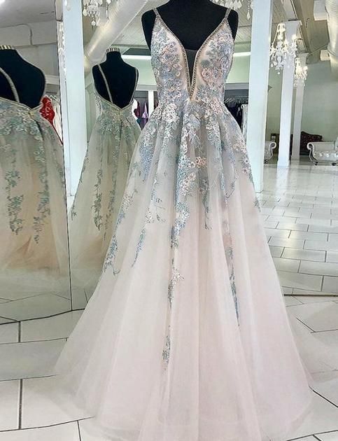 Gorgeous A Line V Neck White Prom Dresses Embroidery Evening Dresses cg12158