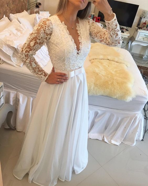 Elegant Long Sleeve A Line Evening Dresses Lace Floor Length Sexy V Neck See Through Back White Custom Made Prom Dress cg12174