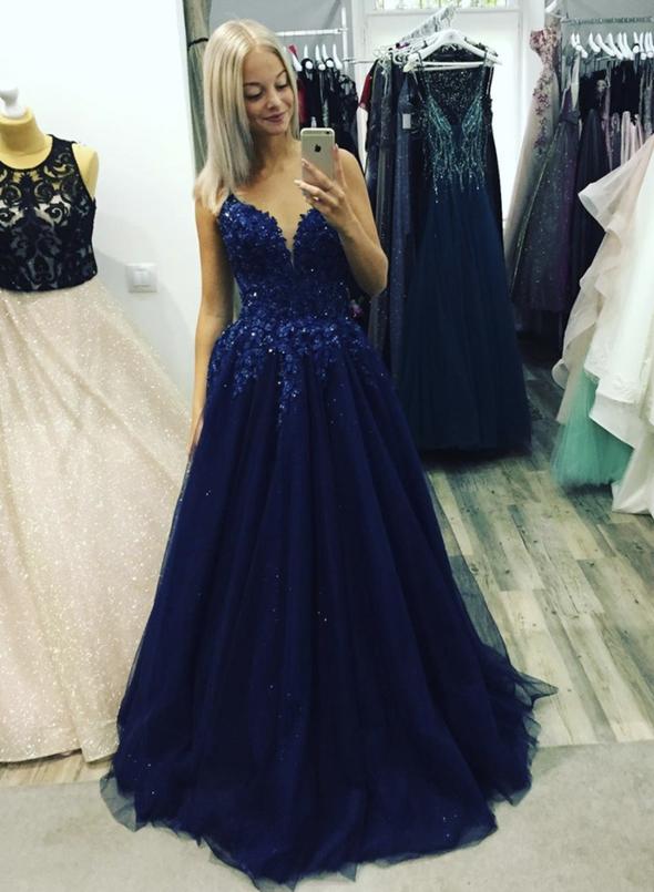 Blue v neck tulle lace long prom dress evening dress cg12177