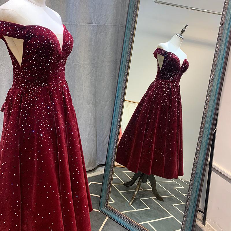 Cute Off Shoulder Velvet Tea Length Beaded Homecoming Dress cg12178