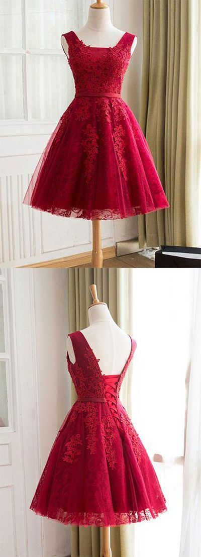 Burgundy Homecoming Dress,Straps A-line Lace Appliques Graduation Dresses cg12181
