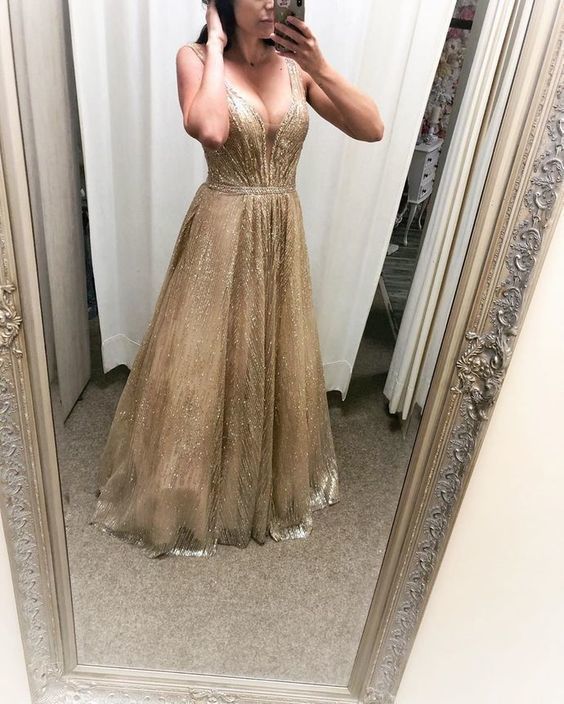 Charming V-neck Straps A Line Prom Dress, Long Prom Dresses, Evening Dress cg12189