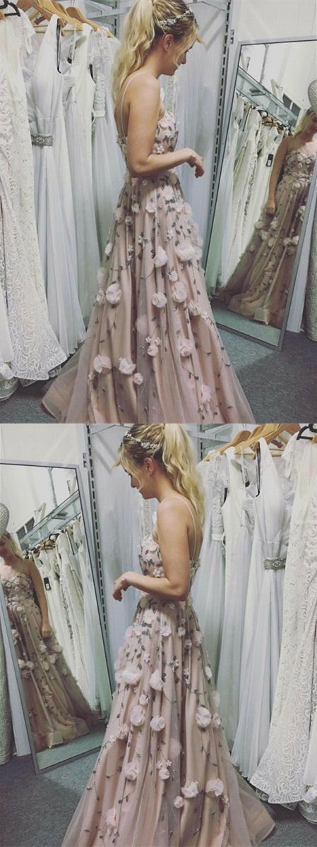 A-Line Spaghetti Straps Light Champagne Tulle Prom Dress With Appliques Beading cg12190