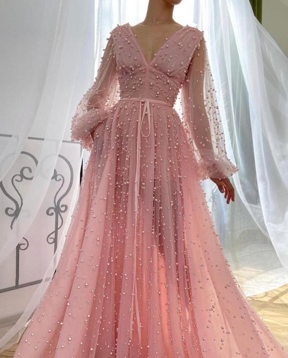 V-neck pink prom gown with pearls for wedding or special occasions cg12199