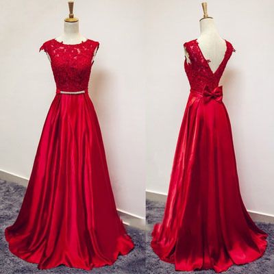 Red Lace and Satin V Back Long Prom Dresses, Red Formal Gowns cg12200