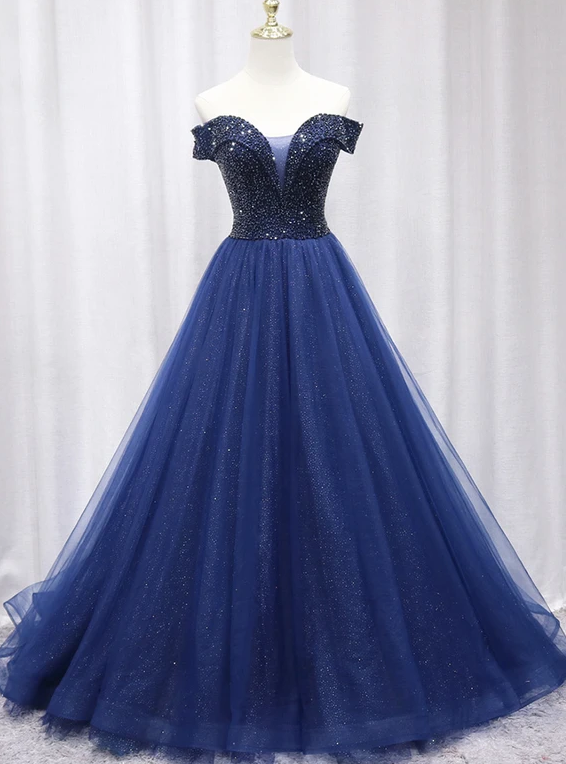 Blue tulle beaded long prom gown formal dress cg12203