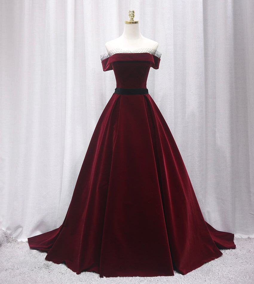 BURGUNDY VELVET LONG PROM GOWN FORMAL DRESS cg12210