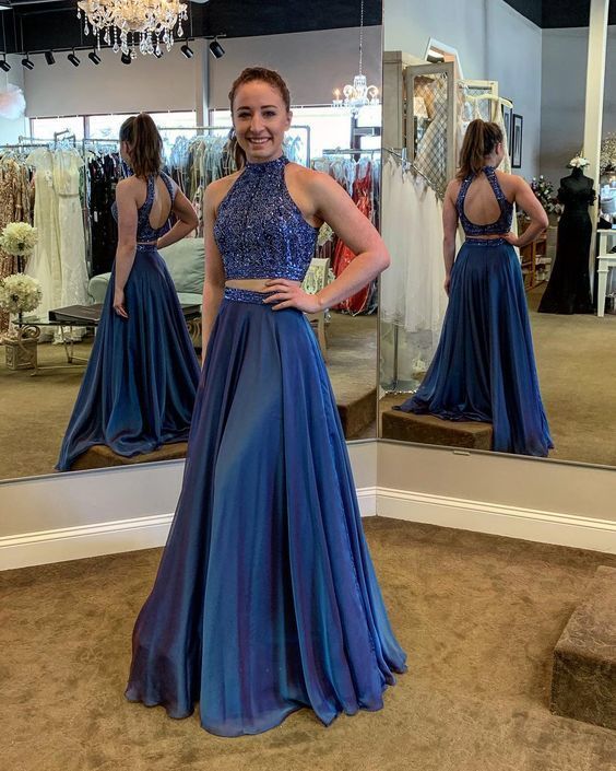 Navy Blue Prom Dress,Two Piece Prom Dresses,Ball Gown Prom Dress cg12213