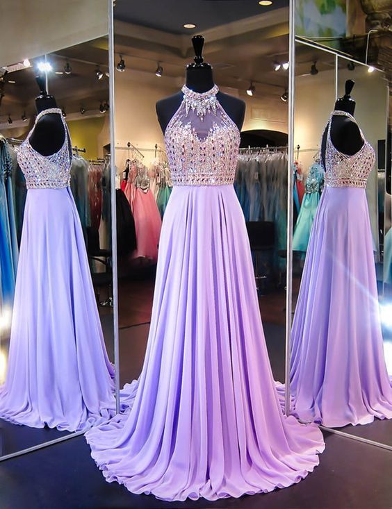 A Line Cowl Neck Sleeveless Long Pleated Beaded Lilac Prom Dress Lavender Open Back Prom Dresses cg12215