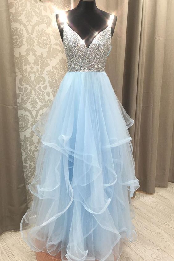 Gorgeous V-Neck Light Blue Beaded Long Prom Dress with Ruffles cg12246