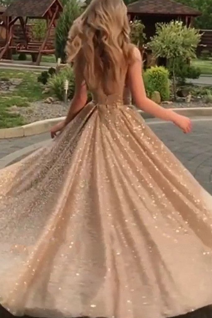 Shiny Champagne Gold Sequins Sleeveless Long Prom Dress, Sparkly Long Formal Evening Dress cg12251