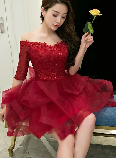 Charming Wine Red Short Sleeves Tulle Layer Party Dress, Homecoming Dress cg12260